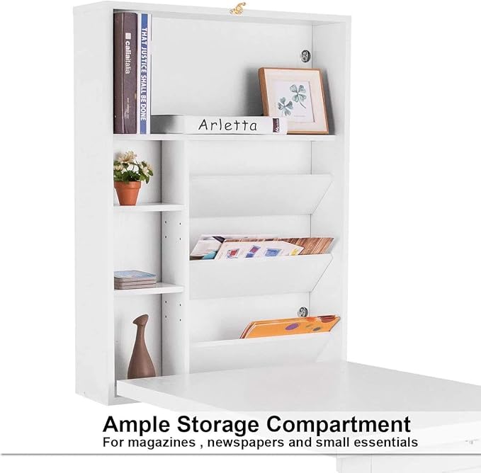 LUARANE Wall Mounted Table, Foldable Multiple-purpose Desk, Fold Out Wood Convertible Writing Desk Bookshelf Cabinet, Large Storage Space, Ideal for Home Office Study (White) - LeafyLoom