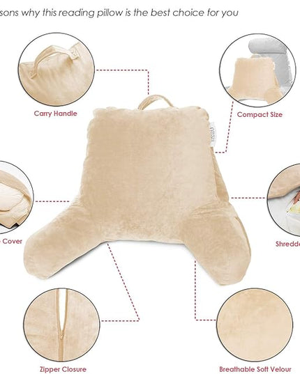 Nestl Reading Pillow with Portable Laptop Lap Desk, Velvet Feel Back Pillow for Sitting in Bed, Shredded Memory Foam Back Support Pillow for Bed, Bed Rest Pillow with Arms, Small - Cream - LeafyLoom