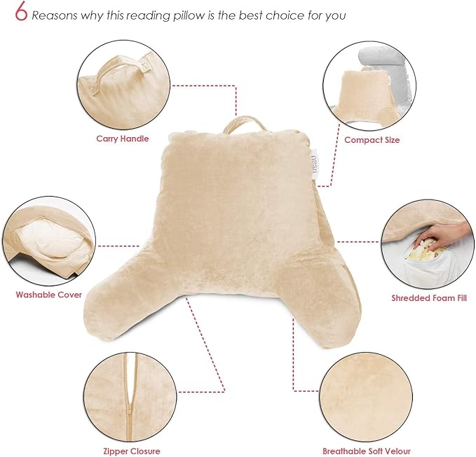 Nestl Reading Pillow with Portable Laptop Lap Desk, Velvet Feel Back Pillow for Sitting in Bed, Shredded Memory Foam Back Support Pillow for Bed, Bed Rest Pillow with Arms, Standard - Cream - LeafyLoom