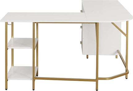 Techni Mobili L Shaped Desk - Two-Toned Computer Desk with Drawers & Storage Shelves - Simple Modern Furniture & Home Office Space Corner Table for Work & Writing - LeafyLoom