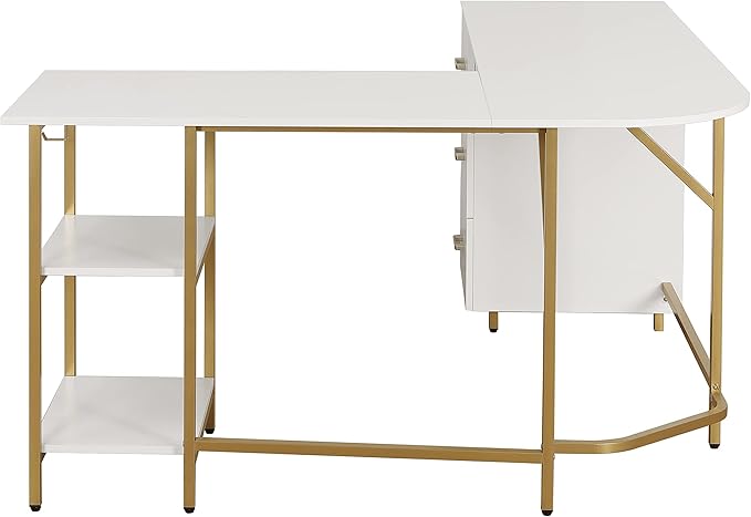 Techni Mobili L Shaped Desk - Two-Toned Computer Desk with Drawers & Storage Shelves - Simple Modern Furniture & Home Office Space Corner Table for Work & Writing - LeafyLoom
