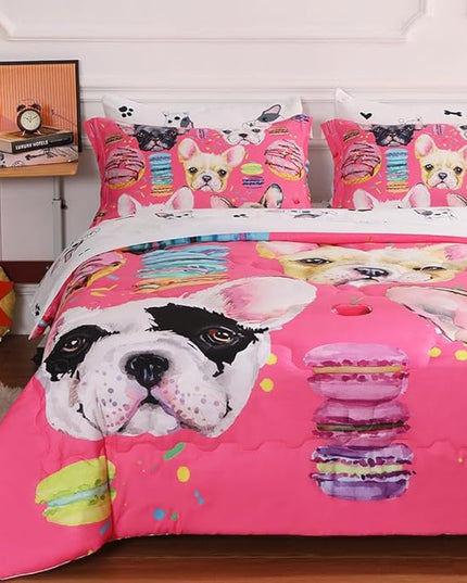 7 Piece Dog Comforter Set Full Size for Kids Cute 3D French Bulldog Dogs Bedding Bed in A Bag for Teens Boys Girls All Season Watercolor Pink Animal Themed Comforter - LeafyLoom