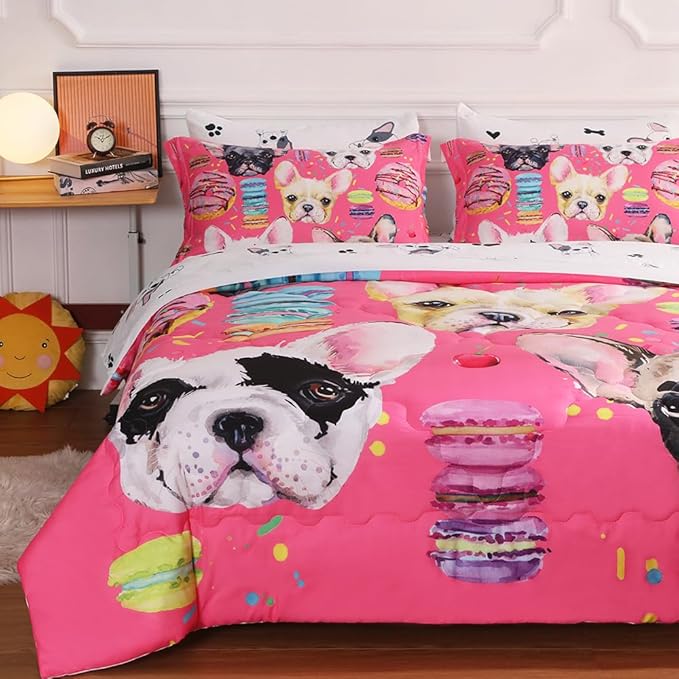 7 Piece Dog Comforter Set Twin Size for Kids Cute 3D French Bulldog Dogs Bedding Bed in A Bag for Teens Boys Girls All Season Watercolor Pink Animal Themed Comforter - LeafyLoom