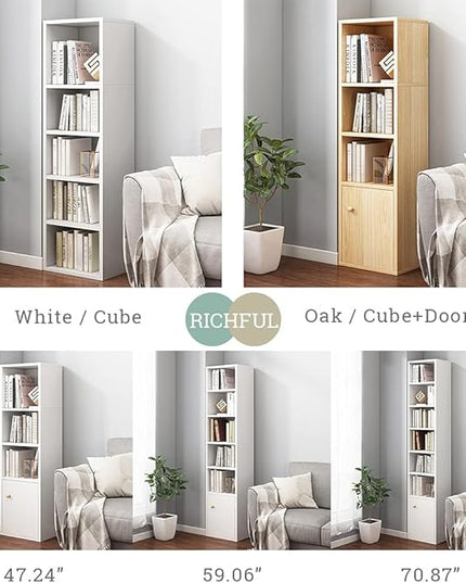 IOTXY Small Narrow Corner Bookcase - 47 Inches Tall Gap Freestanding Storage Cabinet, 4 Lattices Open Shelves Tower Rack with Door, Cubes Bookshelf in White - LeafyLoom