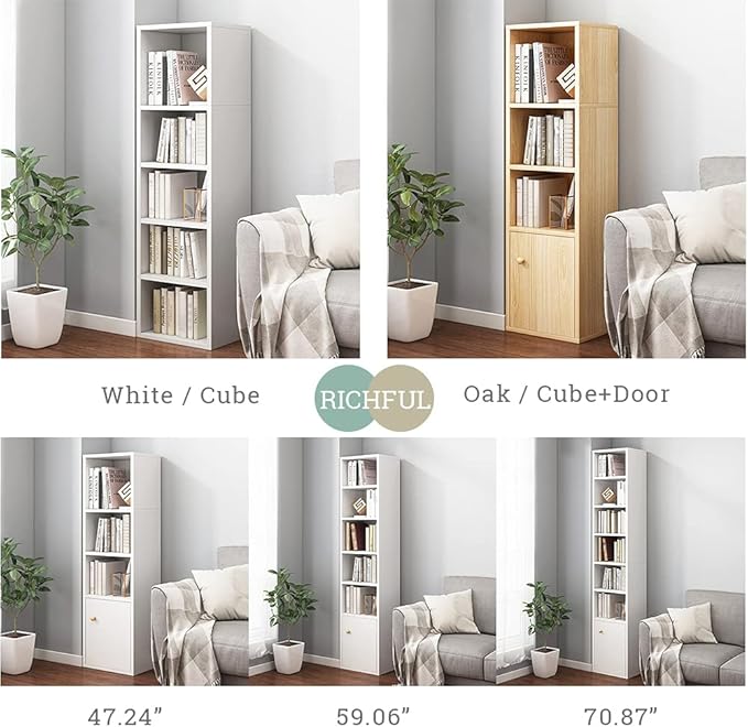 IOTXY Small Narrow Corner Bookcase - 47 Inches Tall Gap Freestanding Storage Cabinet, 4 Lattices Open Shelves Tower Rack with Door, Cubes Bookshelf in White - LeafyLoom