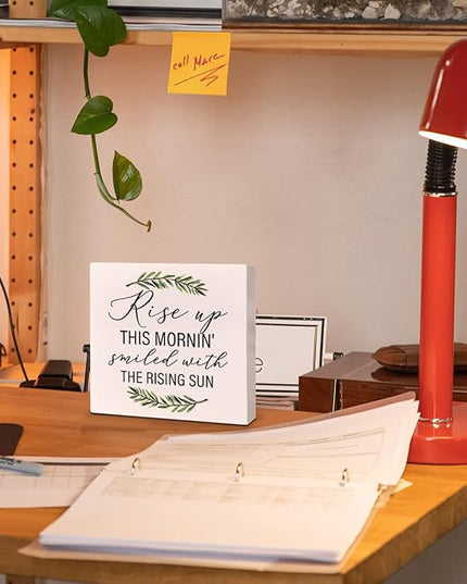 Home Office Desk Wooden Box Sign Decor, Rise Up This Mornin' Smiled with The Rising Sun, Inspirational Quotes Desk Decor Motivational Desk Decorations for Women Men Student Office Classroom School - LeafyLoom