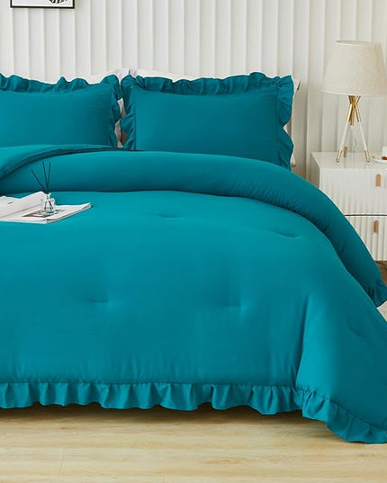 Andency Turquoise Comforter Set Twin Size, 2 Pieces Shabby Chic Ruffle Bed Comforter Set for Kids Boys Girls, All Season Soft Lightweight Solid Down Alternative Bedding Set - LeafyLoom