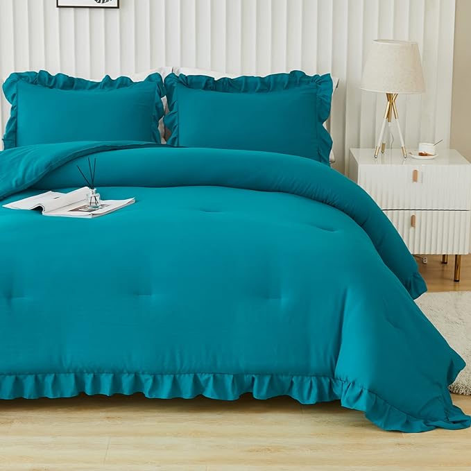 Andency Turquoise Comforter Set Twin Size, 2 Pieces Shabby Chic Ruffle Bed Comforter Set for Kids Boys Girls, All Season Soft Lightweight Solid Down Alternative Bedding Set - LeafyLoom