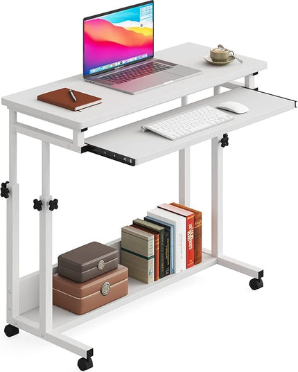 Tribesigns Portable Desk for Sofa and Bed, Height Adjustable Mobile Laptop Table Small Standing Desk Rolling Computer Cart with Keyboard Tray on Wheels for Home Office (White) - LeafyLoom