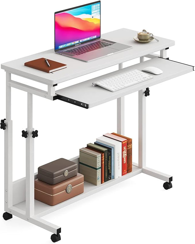 Tribesigns Portable Desk for Sofa and Bed, Height Adjustable Mobile Laptop Table Small Standing Desk Rolling Computer Cart with Keyboard Tray on Wheels for Home Office (White) - LeafyLoom