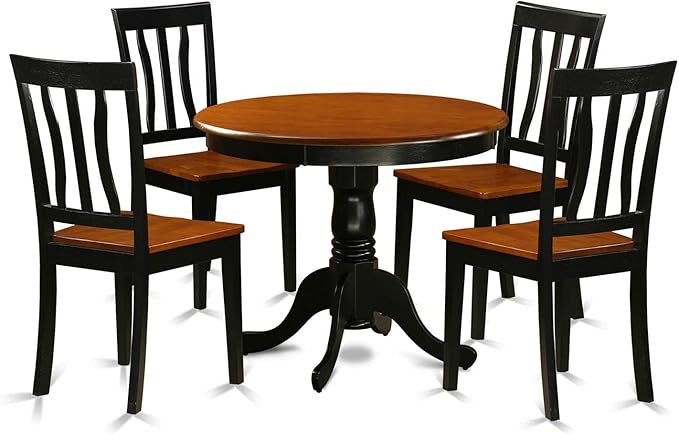 East West Furniture Antique 5 Piece Kitchen Set for 4 Includes a Round Room Table with Pedestal and 4 Dining Chairs, 36x36 Inch, ANTI5-BLK-W - LeafyLoom
