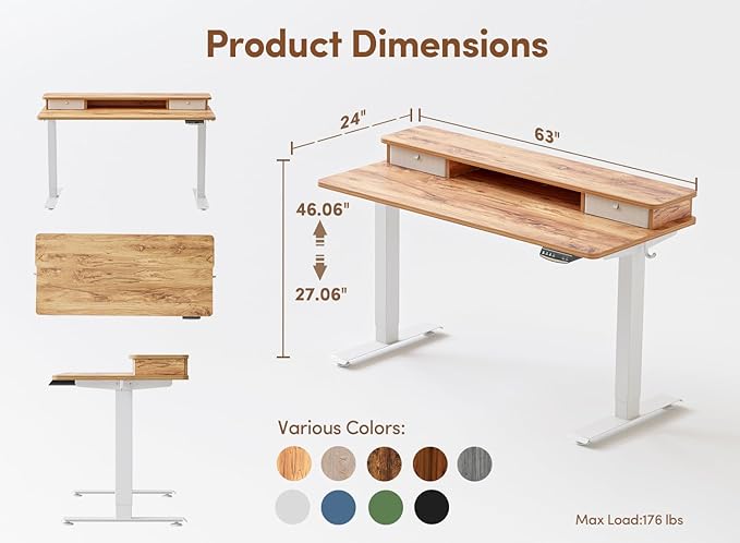 BANTI 60x24 Inch Electric Standing Desk with Double Drawers, Adjustable Height Stand Up Desk, Sit Stand Home Office Desk with Storage Shelf, Light Rustic Brown Top - LeafyLoom