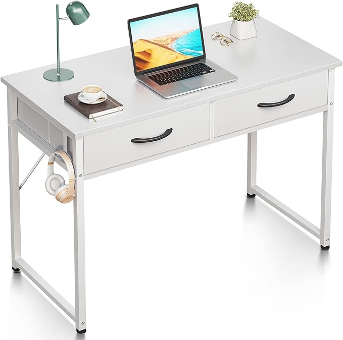 ODK 40 Inch Small Desk with Fabric Drawers- for Bedroom, White Vanity Desk with Storage, Home Office Computer Desk for Small Spaces, Modern Work Writing Study Table, White - LeafyLoom