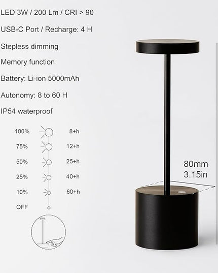 Cordless Table Lamp Rechargeable Table Lamp - Outdoor Waterproof Portable Battery Operated LED Table Light, for Home Restaurant Desk Bar Patio Kitchen Dinning Party (1 Pack Black) - LeafyLoom