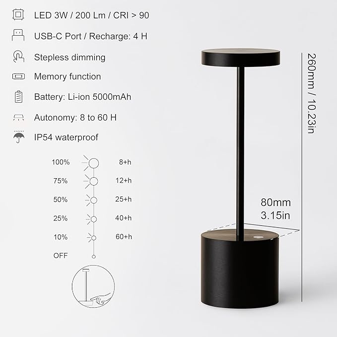 Cordless Table Lamp Rechargeable Table Lamp - Outdoor Waterproof Portable Battery Operated LED Table Light, for Home Restaurant Desk Bar Patio Kitchen Dinning Party (1 Pack Black) - LeafyLoom