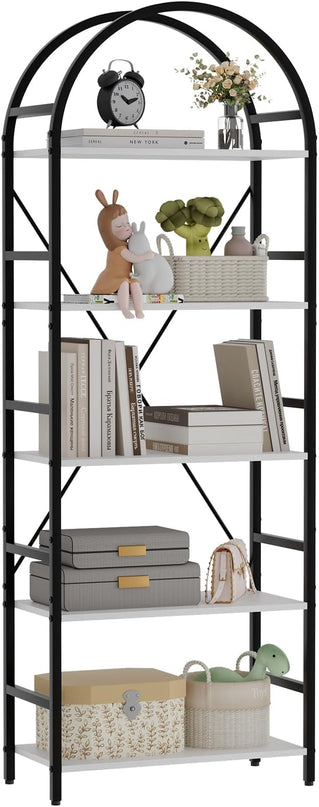 5-Tier Bookshelf, 24 Inch Width Industrial Arched Bookcase, Vintage Storage Rack with Open Shelves, Free Standing Shelf for Home Office, Living Room,Bedroom, Black & White - LeafyLoom