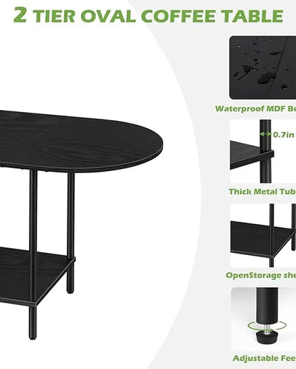 ETELI Black Coffee Tables for Living Room 2-Tier Small Oval Coffee Table Wood Accent Coffe Tables with Storage Shelf Modern Mesa De Centro Sala for Small Space, Home Office - LeafyLoom