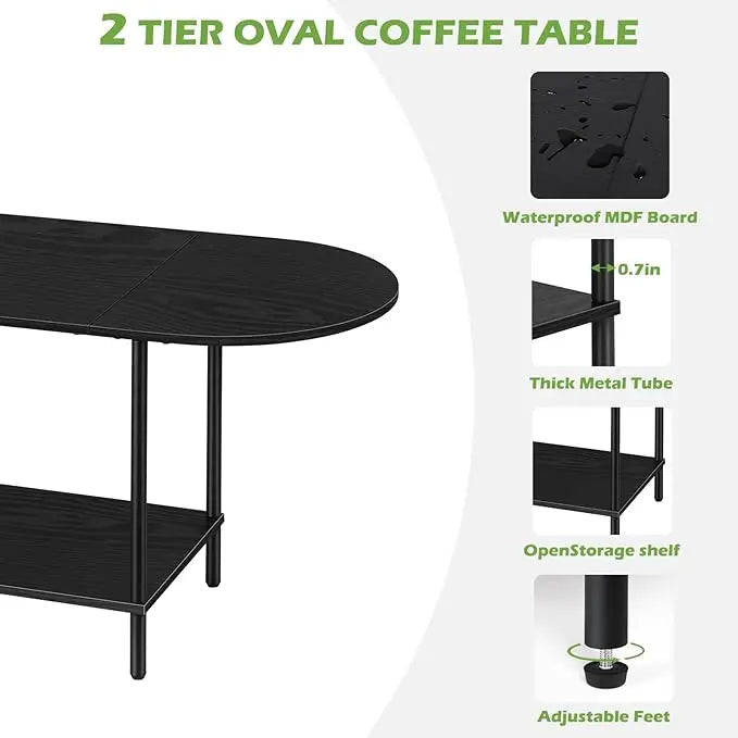 ETELI Black Coffee Tables for Living Room 2-Tier Small Oval Coffee Table Wood Accent Coffe Tables with Storage Shelf Modern Mesa De Centro Sala for Small Space, Home Office - LeafyLoom