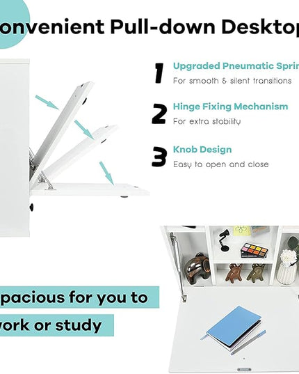 2 in 1 Foldable Tabletop, Folding Wall Mount Laptop Storage Compartments Space Saving Floating Desk, Small, White - LeafyLoom