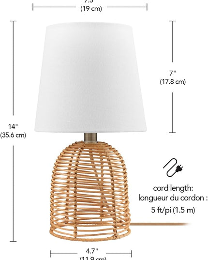 Globe Electric 61000047 14" Table Lamp, Rattan Base, White Linen Shade, On/Off Rotary Switch on Socket, Table Lamp for Living Room, Home Décor, Lamps for Bedroom, Home Improvements, Room Décor - LeafyLoom