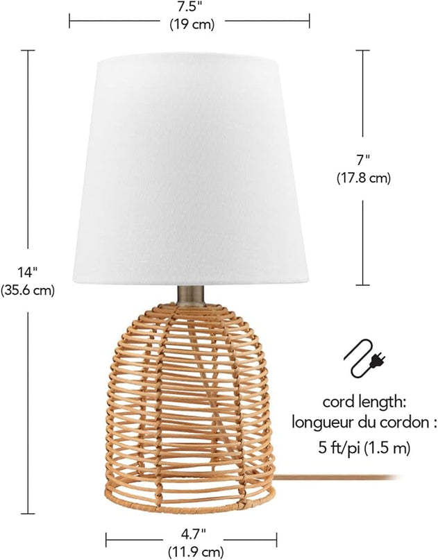 Globe Electric 61000047 14" Table Lamp, Rattan Base, White Linen Shade, On/Off Rotary Switch on Socket, Table Lamp for Living Room, Home Décor, Lamps for Bedroom, Home Improvements, Room Décor - LeafyLoom