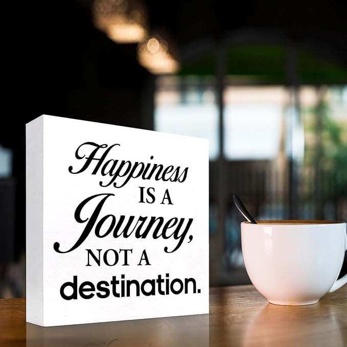 Motivational Wood Box Sign Desk Decor,Happiness is a Journey not a Destination Wood Plaque Signs,Rustic Wooden Block Sign Decor for Home Office Shelf Table Decoration C1081 - LeafyLoom