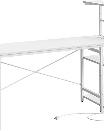 Bestier Gaming Desk with Power Outlets, 61 Inch Large Led Gamer Desk with 4 Tiers Reversible Shelves, PC Gaming Table with Headset Hook & Side Storage Bag for Bedroom (White 3D Carbon Fiber) - LeafyLoom