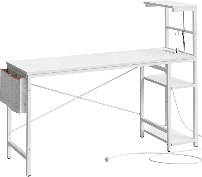 Bestier Gaming Desk with Power Outlets, 61 Inch Large Led Gamer Desk with 4 Tiers Reversible Shelves, PC Gaming Table with Headset Hook & Side Storage Bag for Bedroom (White 3D Carbon Fiber) - LeafyLoom