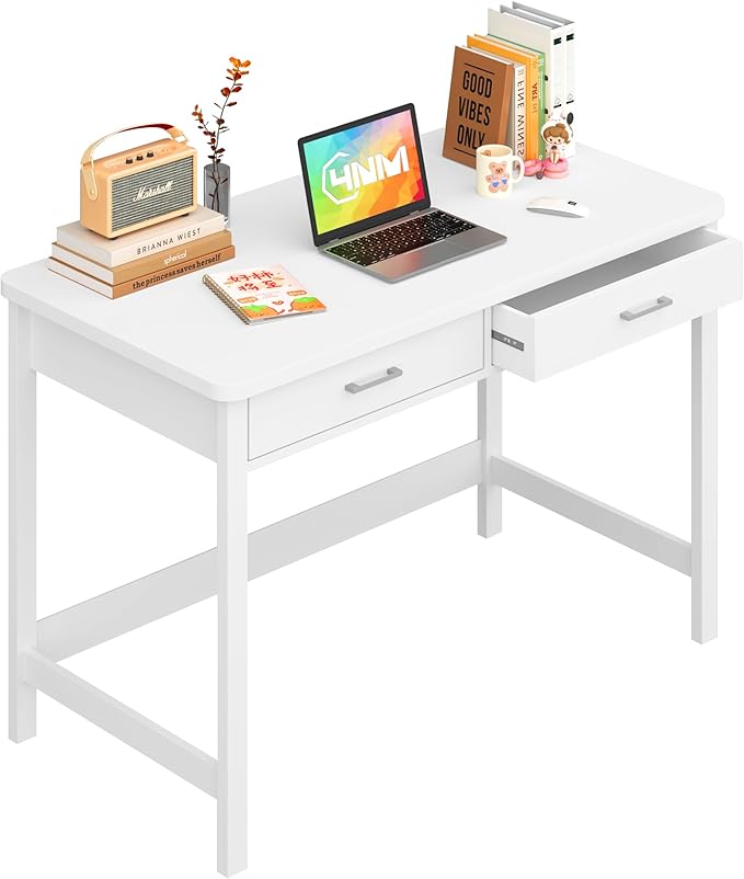 4NM 39.4" Small Desk with Wood Drawers, Home Office Computer Desk with Wooden Legs, Study Writing Table Vanity Desk for Small Spaces - White - LeafyLoom