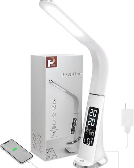 LED Desk Lamp with Digital Display Calendar Temperature,Rechargeable Desk Lamp for Home Office with Adjustable Neck,Dimmable Reading Light with Touch Control,Cordless Study Lamp with USB Charging Port - LeafyLoom