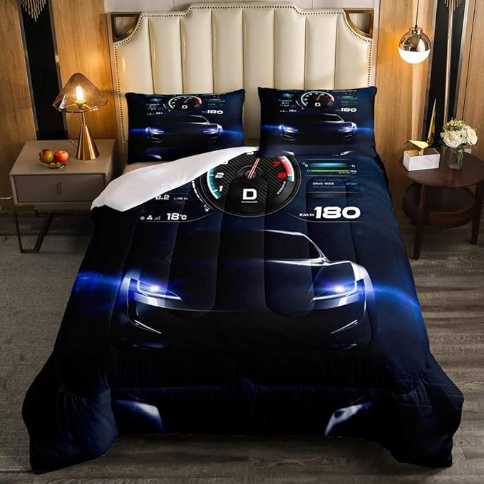 Erosebridal Teens Race Car Comforter Set Twin Size, Kids Cool Speed Racing Car Quilt Set, Extreme Sport Bedding Set for Boys Youth Adult Bedroom, Black Automobile Quilted Duvet for Bedroom - LeafyLoom