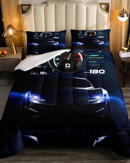 Erosebridal Teens Race Car Comforter Set Full Size, Kids Cool Speed Racing Car Quilt Set, Extreme Sport Bedding Set for Boys Youth Adult Bedroom, Black Automobile Quilted Duvet for Bedroom - LeafyLoom