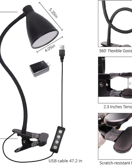 Desk Lamp Reading Light Clamp Lamp 3 Color Modes 10 Brightness Dimmer Table Lamp with Auto Off Timer Eye-Caring Lamp for Home Office 360° Flexible Gooseneck Clip AC Adapter Include(Black) - LeafyLoom