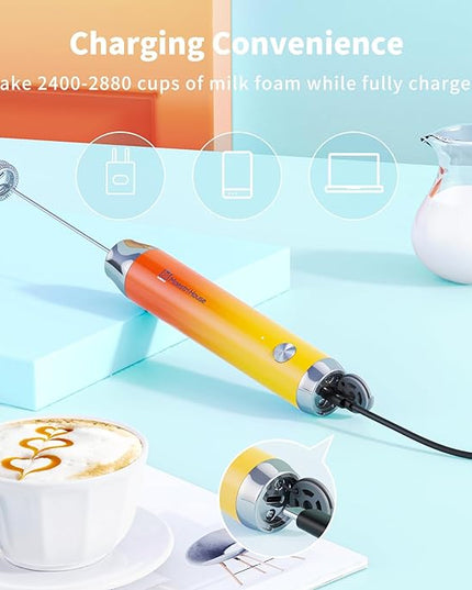Maestri House Rechargeable Milk Frother with Stand, Handheld Electric Foam Maker Waterproof Detachable Stainless Steel Whisk Drink Mixer Foamer for Lattes, Cappuccino - LeafyLoom