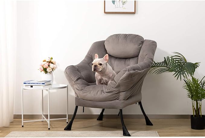 AbocoFur Modern Velvet Fabric Lazy Chair, Accent Contemporary Lounge Chair, Single Steel Frame Leisure Sofa Chair with Armrests and A Side Pocket, Thick Padded Back, Smoky Grey - LeafyLoom