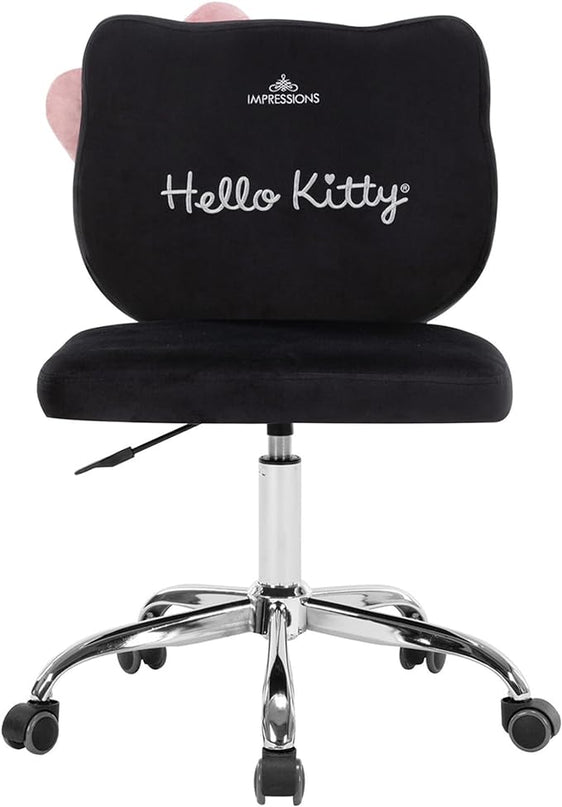 Impressions Vanity Hello Kitty Kawaii Swivel Vanity Chair for Makeup Room, Adjustable Height Cute Desk Chair with Wheels Rolling, Comfy Polyurethane Foam Back Armless Chair for Dorm (Black) - LeafyLoom