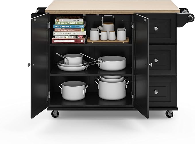 Homestyles Dolly Madison Kitchen Cart with Wood Top and Drop Leaf Breakfast Bar, Rolling Mobile Kitchen Island with Storage and Towel Rack, 54 Inch Width, Black - LeafyLoom
