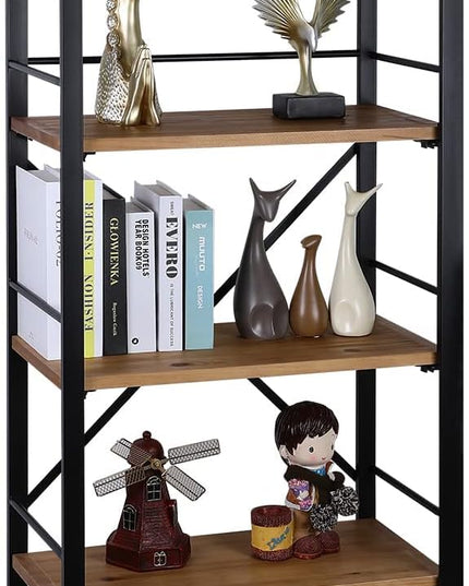 Rustic Bookshelf, 5 Tier Real Wood Bookshelf, Metal Book Shelf for Storage, Black Bookcase, 12.6" D x 23.62" W x 64.17" H - LeafyLoom
