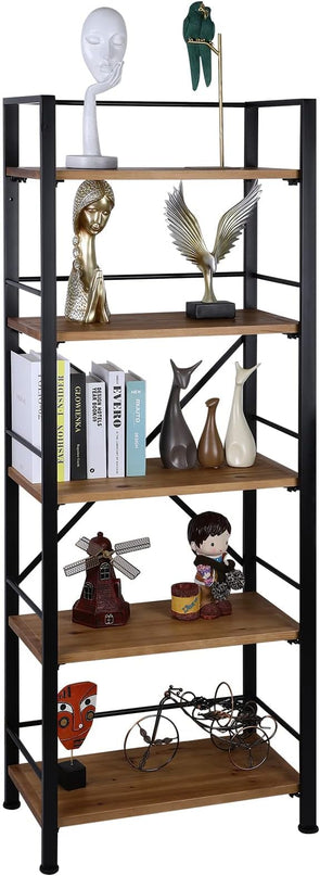Rustic Bookshelf, 5 Tier Real Wood Bookshelf, Metal Book Shelf for Storage, Black Bookcase, 12.6" D x 23.62" W x 64.17" H - LeafyLoom