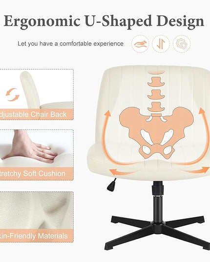 Sweetcrispy Criss Cross Chair Legged, Armless Office Desk Chair No Wheels, Swivel Vanity Chair, Height Adjustable Wide Seat Computer Task Chair, Fabric Vanity Modern Home Chair Cream - LeafyLoom