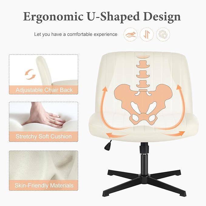 Sweetcrispy Criss Cross Chair Legged, Armless Office Desk Chair No Wheels, Swivel Vanity Chair, Height Adjustable Wide Seat Computer Task Chair, Fabric Vanity Modern Home Chair Cream - LeafyLoom
