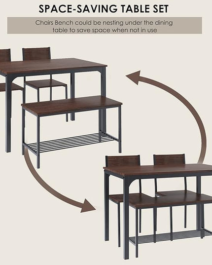 SogesHome 4-Piece Kitchen Table and 2 Chairs for 4 with Bench, Dining Table Set for Small Space, Apartment, Living-Room, Restaurant, Dark Walnut - LeafyLoom