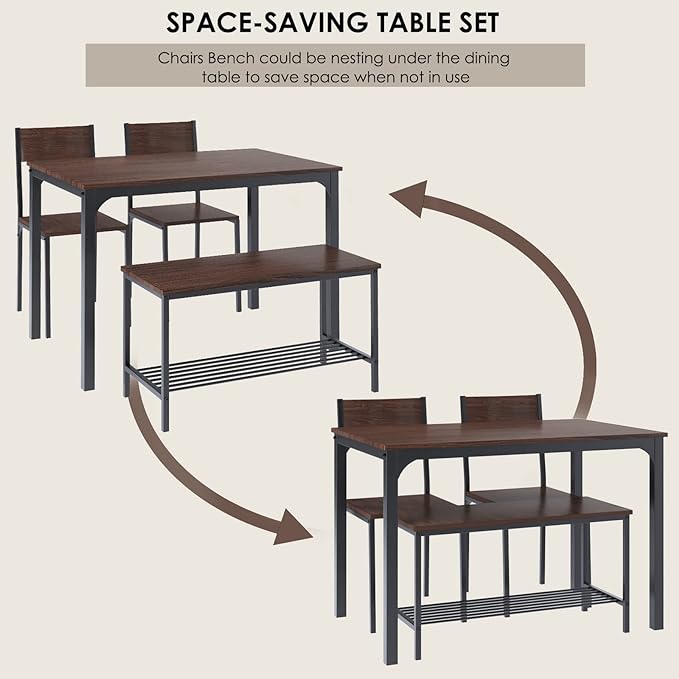 SogesHome 4-Piece Kitchen Table and 2 Chairs for 4 with Bench, Dining Table Set for Small Space, Apartment, Living-Room, Restaurant, Dark Walnut - LeafyLoom