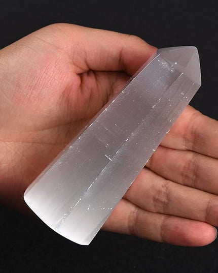JIC Gem USB Selenite Lamp Hexagonal Crystal Points Selenite Tower Lamp Morocco Skyscraper 4 Inch with Wooden Light Stand Base - LeafyLoom