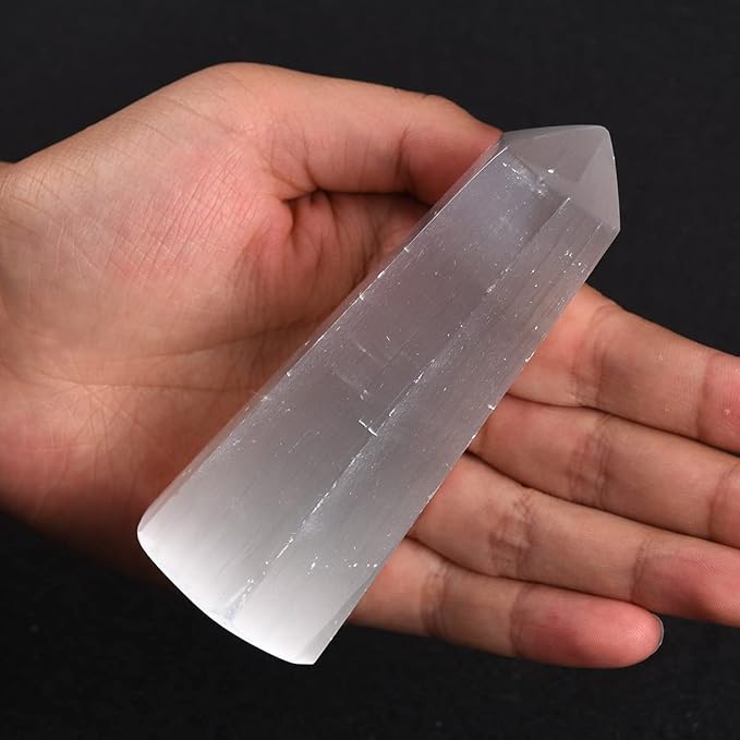 JIC Gem USB Selenite Lamp Hexagonal Crystal Points Selenite Tower Lamp Morocco Skyscraper 4 Inch with Wooden Light Stand Base - LeafyLoom