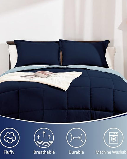 Basic Beyond King Size Comforter Set - Fluffy King Bed Comforter Set for All Seasons - Reversible Blue Comforter Set King - 3 Pieces (1 Comforter + 2 Pillow Shams) - Blue/Sapphire - LeafyLoom