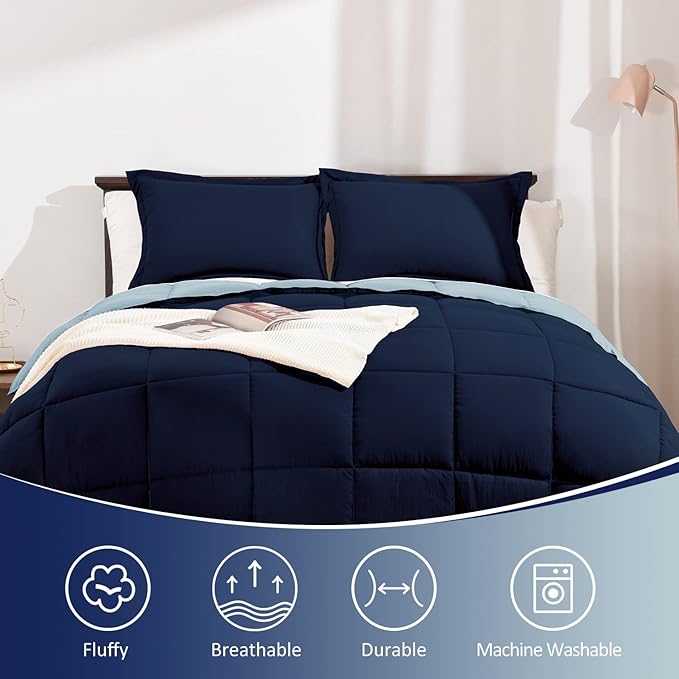 Basic Beyond Queen Comforter Set - Fluffy Comforter Queen Set for All Seasons - Reversible Blue Comforter Set Queen for Mens - 3 Pieces (1 Comforter + 2 Pillow Shams) - Blue/Sapphire - LeafyLoom