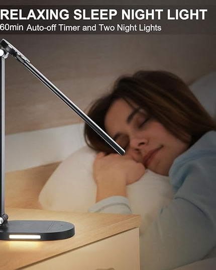 Lightess LED Desk Lamp with Wireless Charger, USB Charging Port, Adjustable Foldable Dual Swing Arm Desk Light Dimmable Eye-Caring Desk Lamp, Touch Control, Home Office Desk Lights for Work Study - LeafyLoom