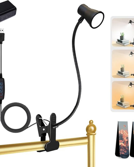 Clip on Light Reading for Bed LED Desk Lights 3 Color Modes 10 Brightness USB Lamp Eye Care 360° Flexible Gooseneck Dimmable for Headboard Computer Read Books Task Lamps with Adapter Bookmark(Black) - LeafyLoom