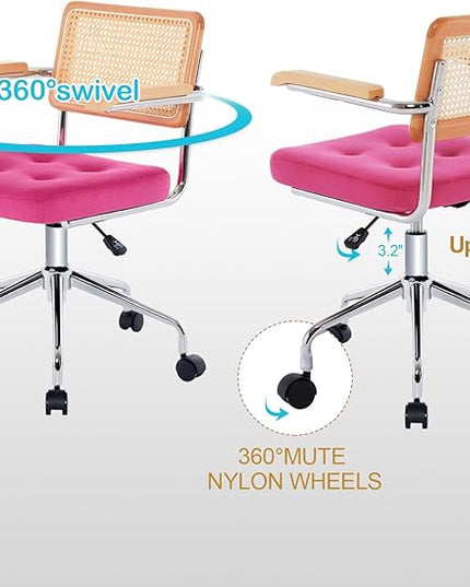 Zesthouse Modern Home Office Chair Velvet Desk Chair with Natural Rattan Back, Vanity Chair for Girls Women, Upholstered Tufted Swivel Armchair, Height Adjustable Computer Task Chair, Rose Red - LeafyLoom
